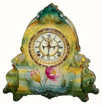 C.1904, Ansonia Clock Co., "La Manche", Royal Bonn porcelain mantel clock in excellent condition. — Antique Clocks Price Guide