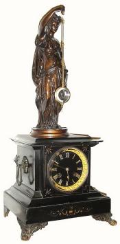 C.1890, French, Mystery Clock, Traditional Bronzed spelter statue, holding pendulum which swings with no apparent impulse. — Antique Clocks Price Guide