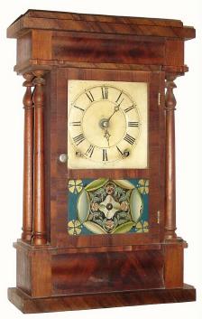 C.1855, Seth Thomas, Plymouth Hollow, Conn. miniature "New York-style" 4-column mahogany veneer shelf clock. — Antique Clocks Price Guide