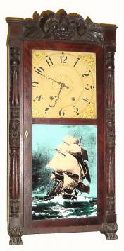 C.1832, Atkins and Downs for G. Mitchell and R. Atkins, Bristol, Conn., carved column and splat, 30-hour time/strike wood movement shelf clock. — Antique Clocks Price Guide