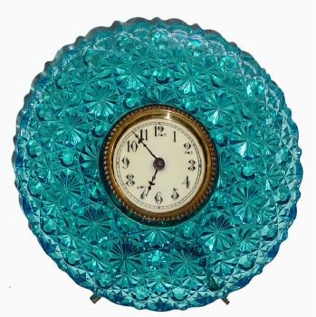 C.1889, E.N. Welch Clock Co., "Glass Placque" 30-hour novelty clock in sapphire color. — Antique Clocks Price Guide