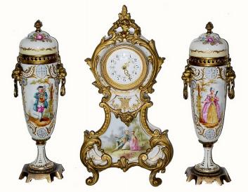 C.1900, French, 3 piece porcelain set, 8-day. This small set is in excellent condition. — Antique Clocks Price Guide