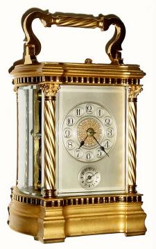 C.1875, French, Richard and Cie, Paris, brass cased carriage clock, T/S/Alarm/Repeat, in a fancy Angle Riche case with curved sides /incomplete/. — Antique Clocks Price Guide