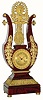 C.1860, French, Lyre Form clock, eight day striking, with fancy ormolu cornucopia pendulum that swings behind the lyre strings above the clock.