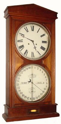 C.1875, Ithaca Calendar Clock Co., "No. 3 Regulator", 8-day, 2-weight, double dial calendar, with restorations. — Antique Clocks Price Guide