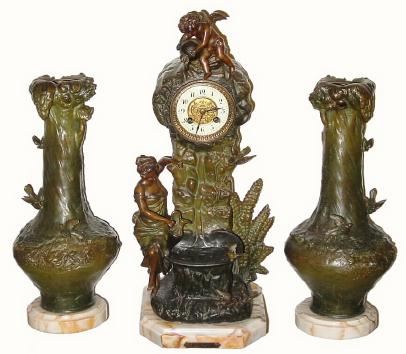 C.1890, French, Bronzed Spelter Clock Set, titled "A la Fontaine", — Antique Clocks Price Guide