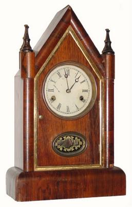 C.1870, William L. Gilbert Clock Co., "Winsted Gothic Extra", 30-hour steeple clock, in generally good, as-found condition. — Antique Clocks Price Guide