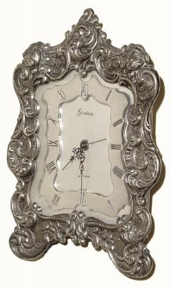 C.1950, Cyma Watch Co., Switzerland (for Gorham Silver), 30-hour, strut alarm clock. — Antique Clocks Price Guide