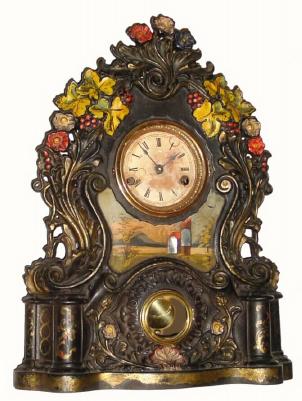 C.1860, American Clock Co., 55 John St., New York, 30-hour painted iron front clock with mother-of-pearl inlay. — Antique Clocks Price Guide