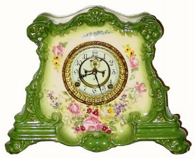C.1901, Ansonia Clock Co., "La Drome", Royal Bonn porcelain mantel clock, — Antique Clocks Price Guide