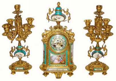 C.1870, French, Ormolu w/ Panels, 3-piece mantel set, in very good condition. — Antique Clocks Price Guide