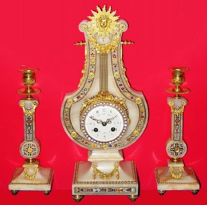 C.1900, French, Lyre Form Mantel Set, Onyx and bronze, with cloisonne trim, and in excellent original condition. — Antique Clocks Price Guide