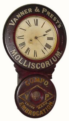 C.1888, Baird Clock Co., Plattsburgh, NY, MOLLISCORIUM advertising clock in excellent original condition. — Antique Clocks Price Guide