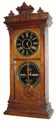 C.1880, Ithaca Calendar Clock Co., "No. 6 1/2, Belgrade, Shelf", time, strike and perpetual calendar, — Antique Clocks Price Guide