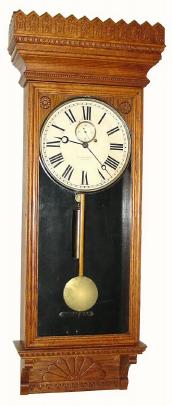 C.1890, William L. Gilbert Clock Co., Winsted, CT, "Regulator No. 14" 8-day weight-driven timepiece — Antique Clocks Price Guide