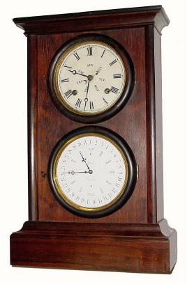 C.1865, L.F and W.W. Carter, Bristol, Conn. 8-day time/strike double dial calendar shelf clock in very good original condition. — Antique Clocks Price Guide