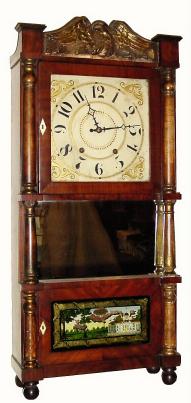 C.1832, Atkins and Downs for George Mitchell, Bristol, Conn., 8-day time/strike wood movement triple-decker shelf clock. — Antique Clocks Price Guide