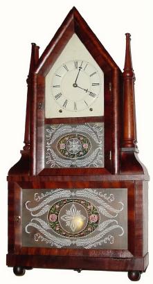 C.1845, Birge and Fuller, with overpaste of , Wm Markham, Savannah, Georgia, double candle stick wagon spring shelf clock, 8-day. — Antique Clocks Price Guide