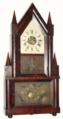 C.1845, Birge and Fuller, Bristol, Conn., steeple on steeple, wagon spring shelf clock, 8-day, and in very good condition with nice label. — Antique Clocks Price Guide