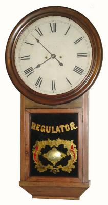 C.1860, Atkins Clock Co., Bristol, Conn., rare 2-weight wall regulator with 18 inch dial in very good condition. — Antique Clocks Price Guide