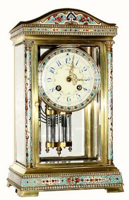 C.1910, French, Crystal Regulator with fancy cloisonne trim on the top, base, side columns, and bezel, and in very good original condition. — Antique Clocks Price Guide