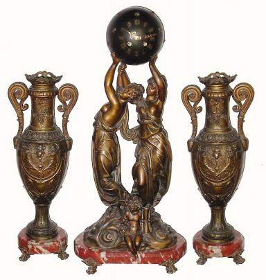 C.1890, French, 3-Piece Figural Set, bronzed spelter and in good original condition. — Antique Clocks Price Guide