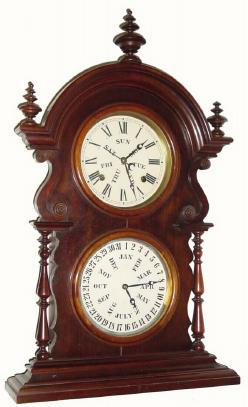 C.1878, Welch, Spring and Co., "Wagner B.W., Mantel" 8-day time/strike double dial calendar shelf clock in very good condition, — Antique Clocks Price Guide