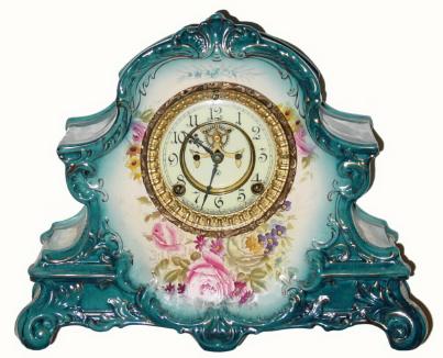 C.1900, Ansonia Clock Co. "La Nord" Royal Bonn porcelain china clock, 8-day, striking. — Antique Clocks Price Guide