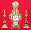 C.1900, French, Lyre Form Mantel Set, Onyx and bronze, with cloisonne trim, and in excellent original condition.