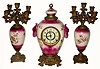 C.1895, F. Kroeber Clock Co., New York, 8-day time/strike porcelain mantel clock and candelabra set.