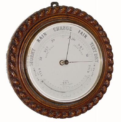 C.1930, English, Aneroid Barometer, wall model, in a carved oak case with rope twist edge, and in good original condition. — Antique Clocks Price Guide
