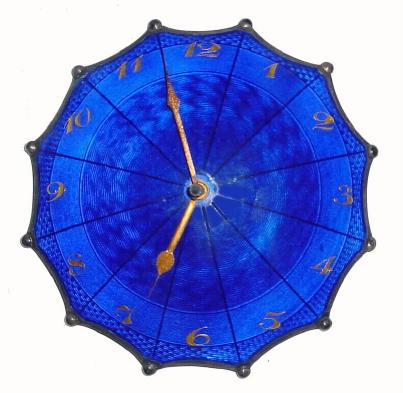 C.1900, Swiss, Umbrella Novelty Clock, in cobalt blue guilloche enamel over silver, with 24k gold numerals. — Antique Clocks Price Guide