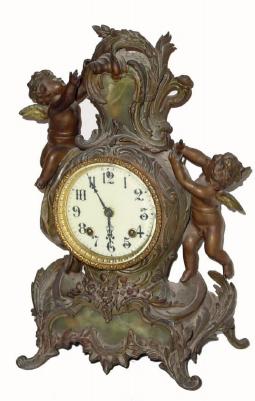 C.1900, Ansonia Criterion, spelter and onyx mantel clock, as-found with top 2" of leafy trim broken away. — Antique Clocks Price Guide