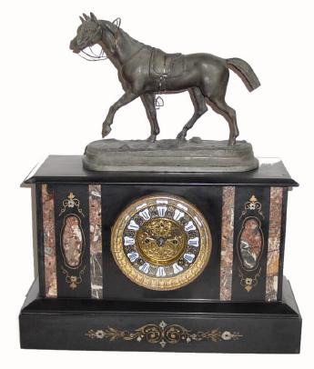 C.1892, Ansonia, Black Marble mantel clock with No. 1118 Thoroughbred clock topper, the whole in good original condition. — Antique Clocks Price Guide