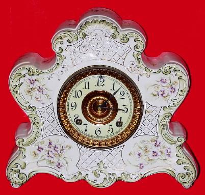 C.1915, Ansonia, Dresden Porcelain clock, made to specs as a promotional item, and in very good original condition. — Antique Clocks Price Guide