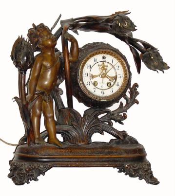 C.1905, Gilbert Electrolier and Clock, in good condition except for missing front bezel, rear cover and pendulum. — Antique Clocks Price Guide