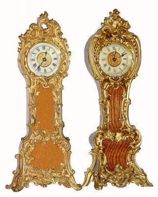 C.1900 (LOT OF 2), Ansonia Irene and Clarice, two oak cased miniature Baroque tall clocks with cast metal gold colored trim. — Antique Clocks Price Guide