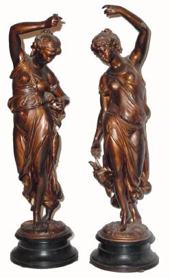 C.1895, Ansonia, Garniture Set, Huntress and Fisher, as-found, less weapons, and the fisher arm bent slightly down (not broken). — Antique Clocks Price Guide