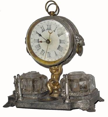 C.1883, Ansonia Clock Co., OFFICE INK, as-found, the base cracked and soldered once and failed again. — Antique Clocks Price Guide