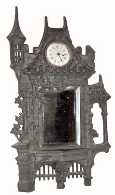 C.1894, Ansonia, CASTLE mirror clock, in good condition, exceptions noted. — Antique Clocks Price Guide