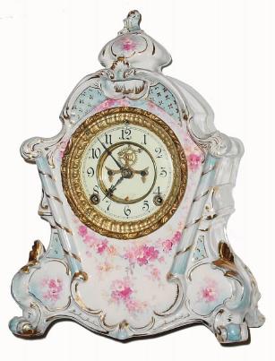 C.1900, Ansonia Clock Co., "No. 502", Royal Bonn, 8-day time/strike porcelain mantel clock, as-found. — Antique Clocks Price Guide