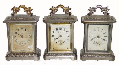 C.1904, (lot of 3) Ansonia CARRIAGE EXTRA, 1-day, time, strike and alarms. — Antique Clocks Price Guide