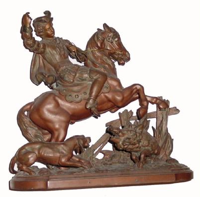 C.1905, Ansonia, Boar Hunter, clock top garniture, — Antique Clocks Price Guide