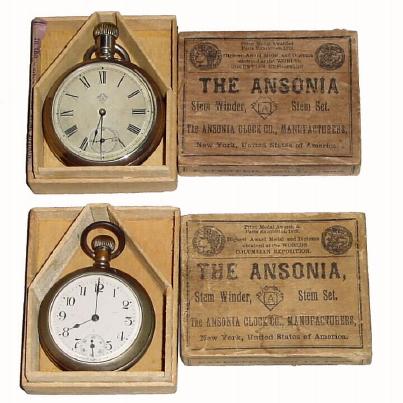 C.1890, (lot of 2), Ansonia Watches in original wooden boxes with paper labels. — Antique Clocks Price Guide