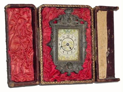 C.1894, Ansonia SOUBRETTE, in original crushed silk, leather covered case, as-found, with damage. — Antique Clocks Price Guide