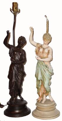 C.1905, Lot of 2 Lamps (Converted) from Ansonia MUSE statues, one painted in Art Nouveau style, — Antique Clocks Price Guide