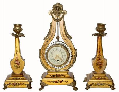 C.1900, French, Lyre Form mantel timepiece set with 2 candle stick garnitures. — Antique Clocks Price Guide