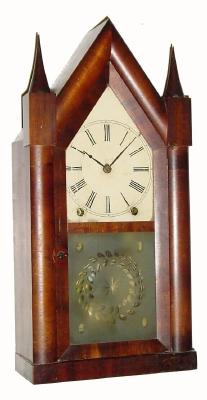 C.1845, Brewster and Ingrahams, Bristol, CT. 8-day striking "Sharp Gothic" or steeple clock in mahogany veneered case. — Antique Clocks Price Guide