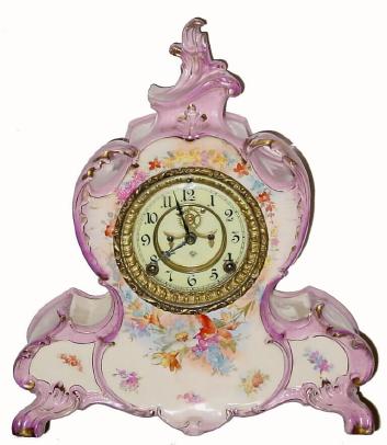 C.1904, Ansonia Clock Co., Royal Bonn "La Vendee", porcelain, 8-day time/strike mantel clock. — Antique Clocks Price Guide