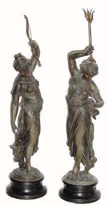 C.1900, Ansonia, Pair of Garniture Statues HUNTRESS  and  FISHER, — Antique Clocks Price Guide